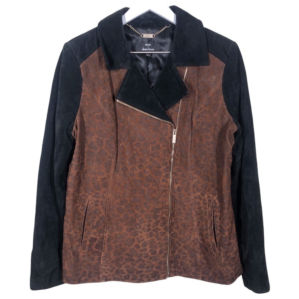 Dennis by Dennis Basso Leopard Print Black Brown Leather Moto Jacket Small